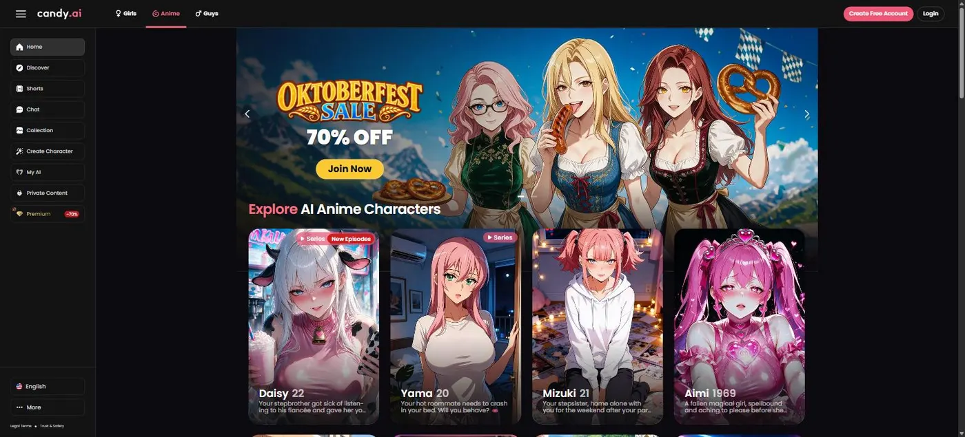 Candy AI anime characters page with adult anime companions and Series badges