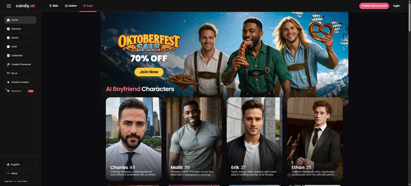 Candy AI boyfriend page showing male companions with name, age and bio