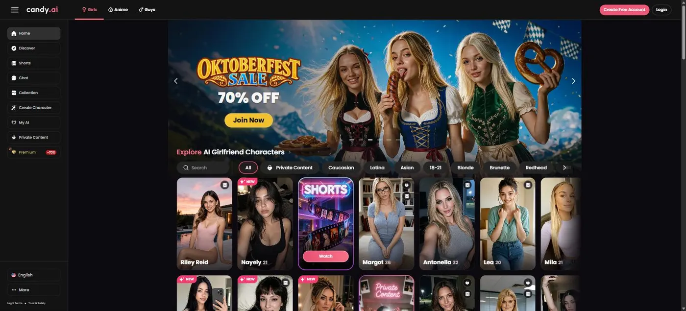 Candy AI girlfriend browse page with character cards and filters