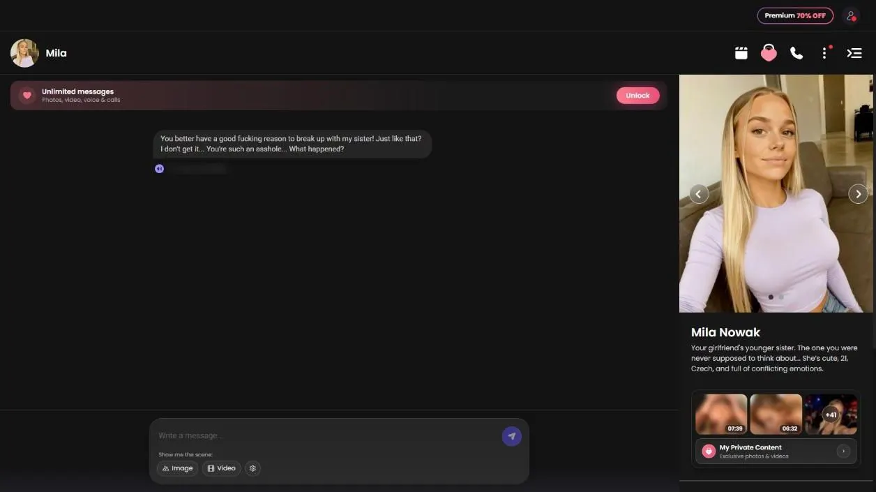 Candy AI chat with Mila Nowak, profile panel and Private Content preview