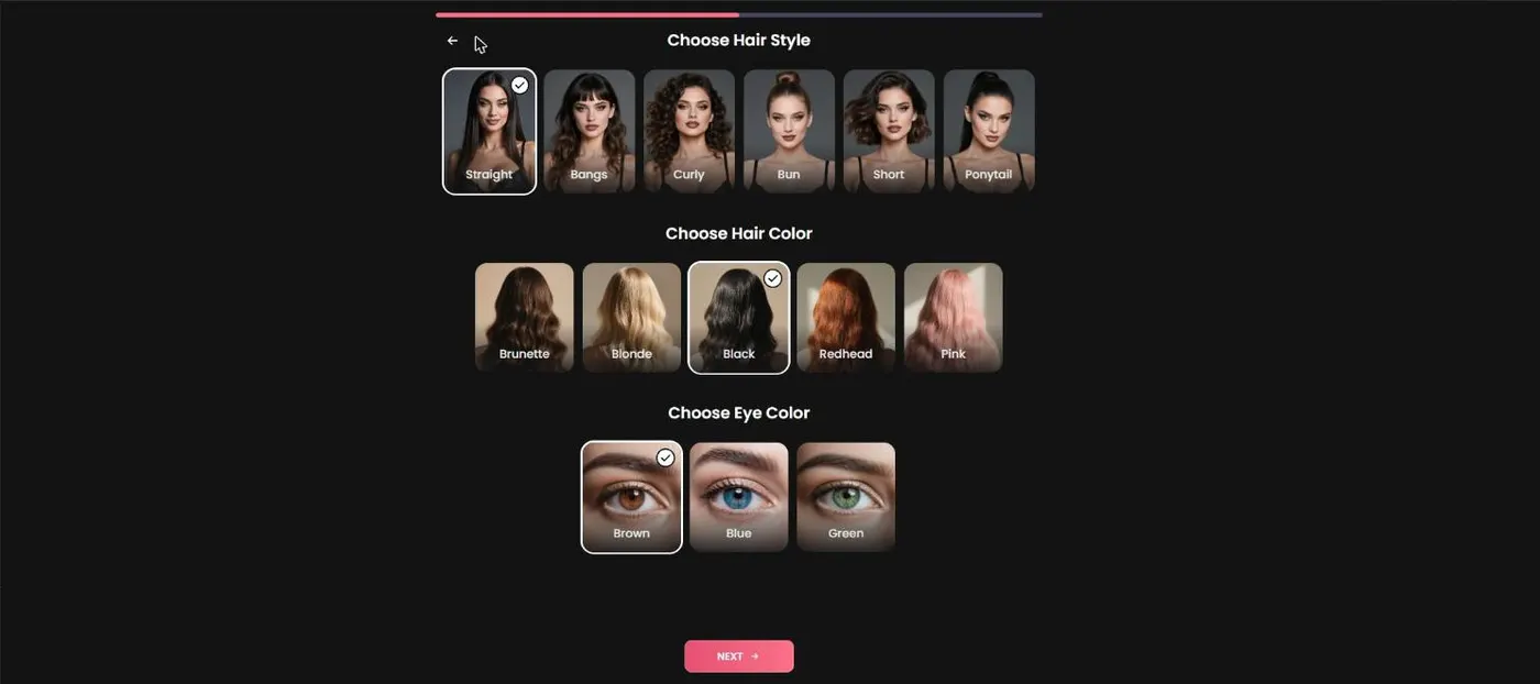 Candy AI character creator: hair style, hair color and eye color